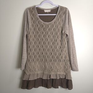a'reve Artsy Earthy Boho Beige Brown Pointelle Lace-Layered Tunic M